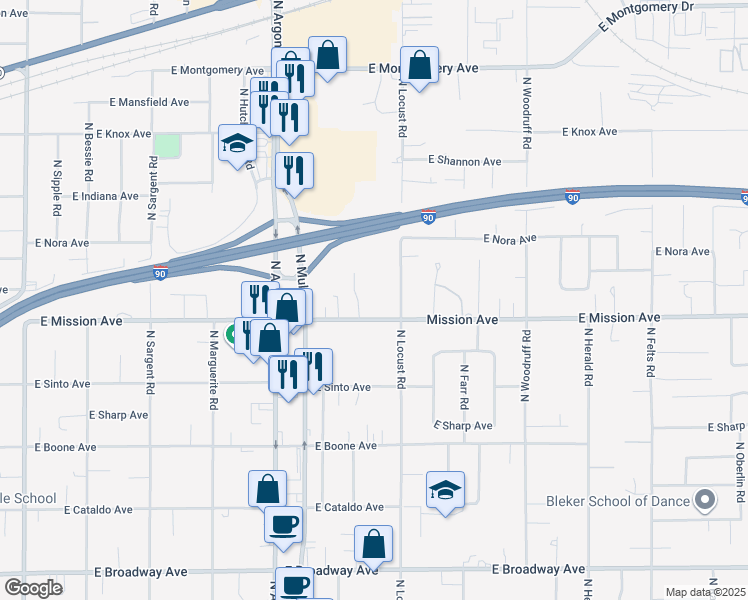 map of restaurants, bars, coffee shops, grocery stores, and more near 9407 East Mission Avenue in Spokane Valley