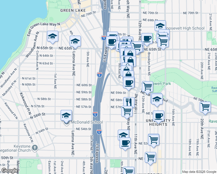 map of restaurants, bars, coffee shops, grocery stores, and more near 751 Northeast 59th Street in Seattle
