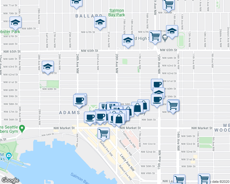 map of restaurants, bars, coffee shops, grocery stores, and more near 5913 20th Avenue Northwest in Seattle