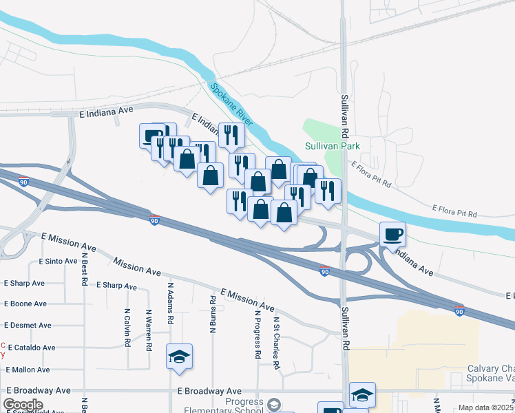 map of restaurants, bars, coffee shops, grocery stores, and more near 15106 East Indiana Avenue in Spokane Valley