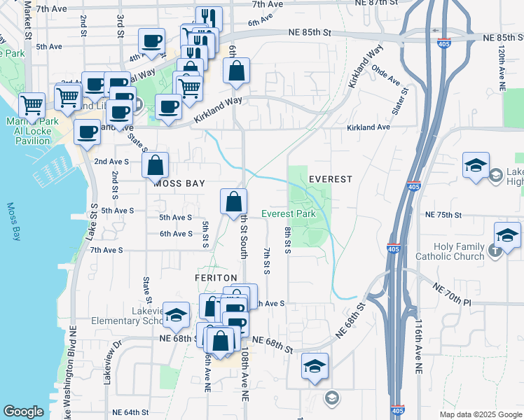 map of restaurants, bars, coffee shops, grocery stores, and more near 402 6th St S in Kirkland