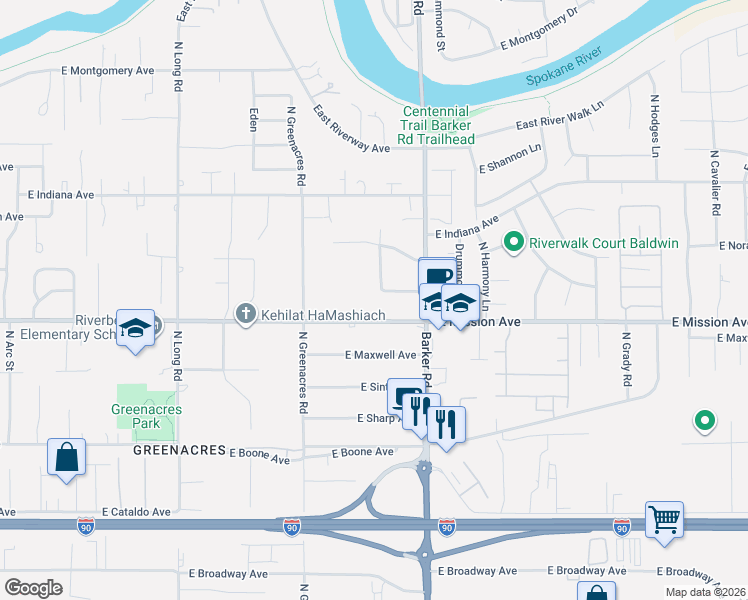 map of restaurants, bars, coffee shops, grocery stores, and more near 18504 East Mission Avenue in Spokane Valley