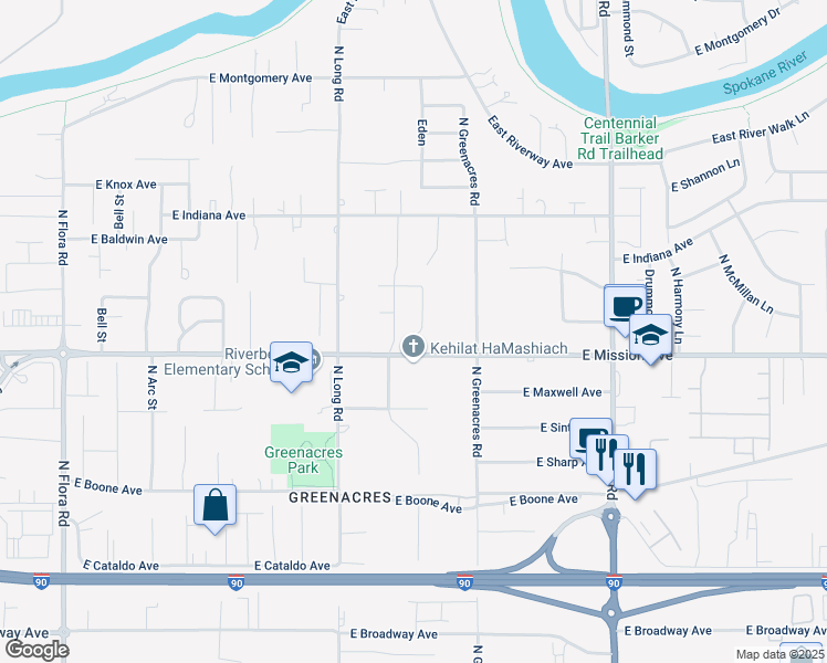 map of restaurants, bars, coffee shops, grocery stores, and more near 18007 East Mission Avenue in Spokane Valley