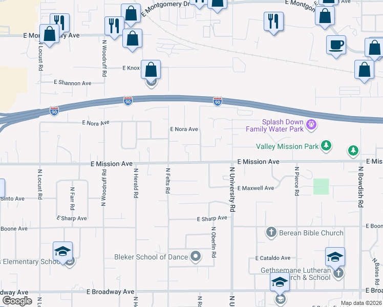 map of restaurants, bars, coffee shops, grocery stores, and more near 10422 East Mission Avenue in Spokane Valley
