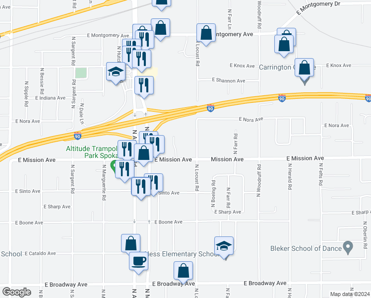 map of restaurants, bars, coffee shops, grocery stores, and more near 9317 East Mission Avenue in Spokane Valley