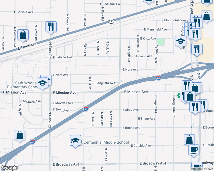 map of restaurants, bars, coffee shops, grocery stores, and more near 8105 East Mission Avenue in Spokane Valley