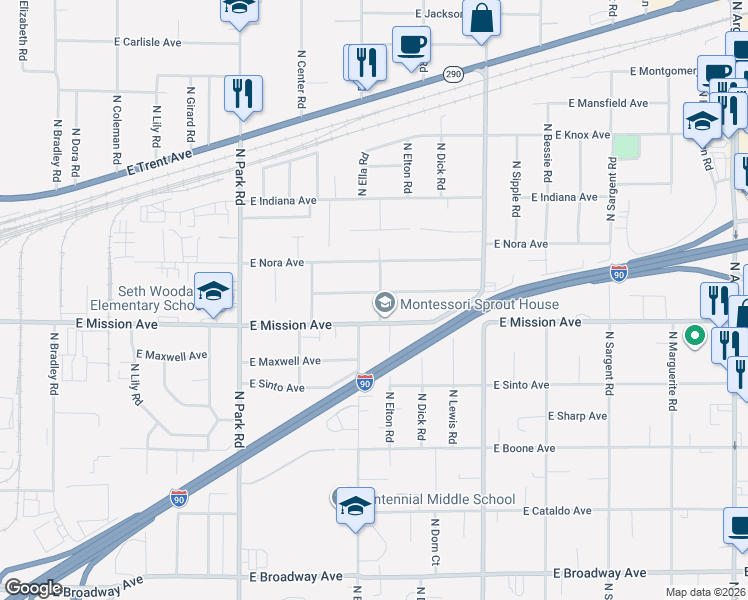 map of restaurants, bars, coffee shops, grocery stores, and more near 7903 East Mission Avenue in Spokane Valley
