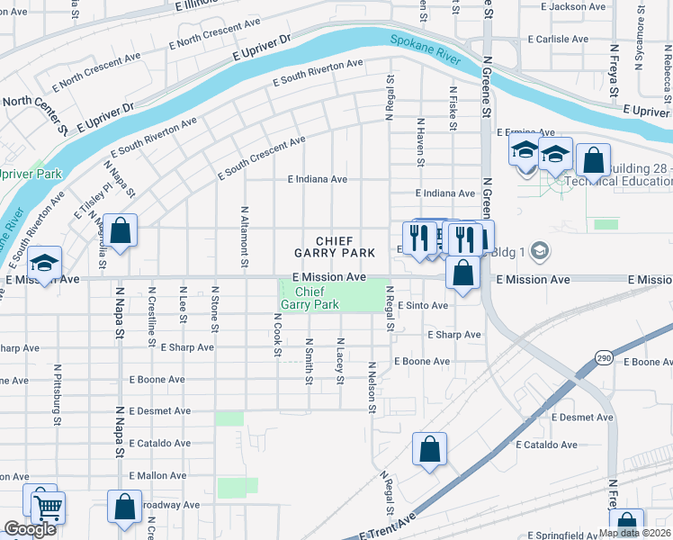 map of restaurants, bars, coffee shops, grocery stores, and more near in Spokane