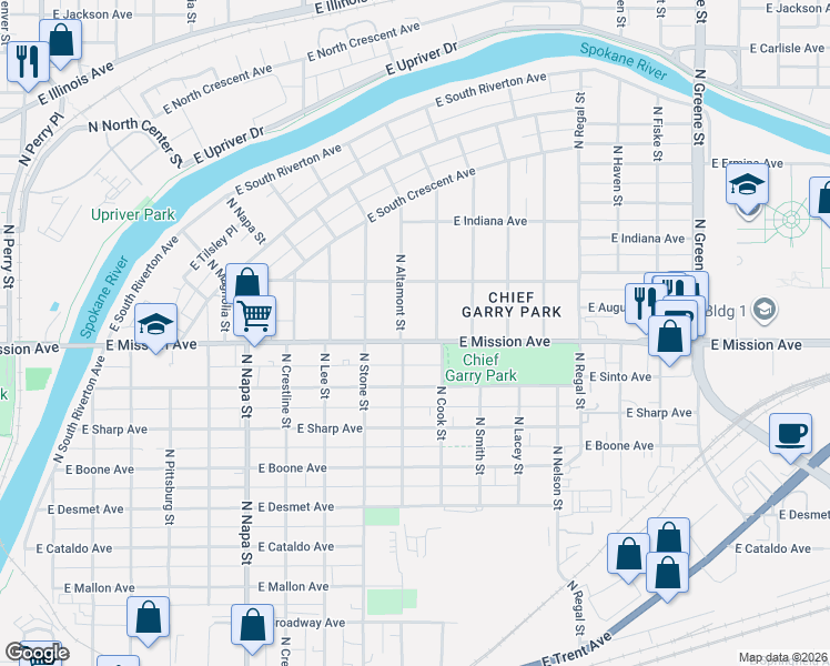 map of restaurants, bars, coffee shops, grocery stores, and more near 1420 North Altamont Street in Spokane