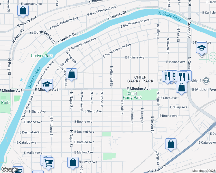 map of restaurants, bars, coffee shops, grocery stores, and more near 2302 East Mission Avenue in Spokane