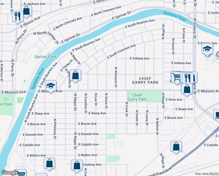 map of restaurants, bars, coffee shops, grocery stores, and more near 2302 East Mission Avenue in Spokane