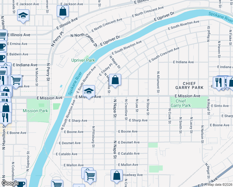 map of restaurants, bars, coffee shops, grocery stores, and more near 2002 East Mission Avenue in Spokane