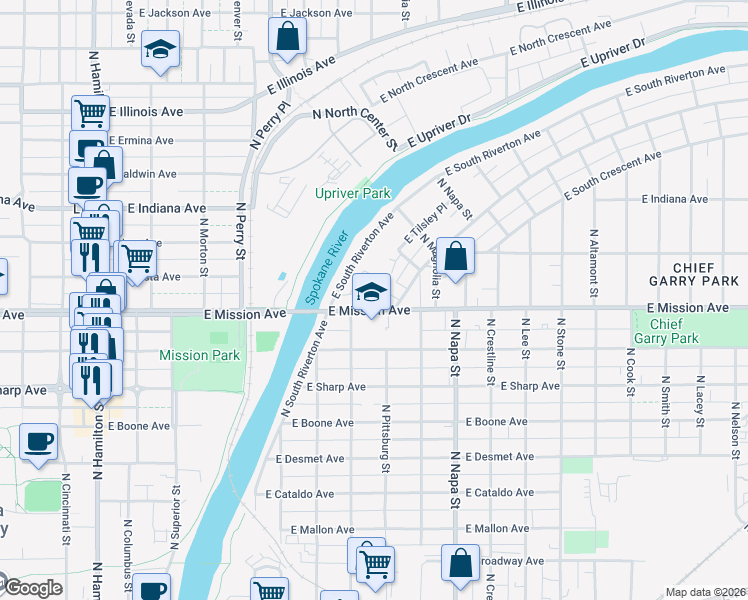 map of restaurants, bars, coffee shops, grocery stores, and more near 1723 East Mission Avenue in Spokane