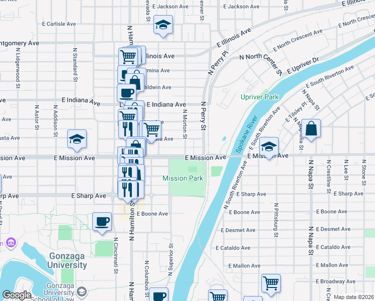 map of restaurants, bars, coffee shops, grocery stores, and more near 1210 East Mission Avenue in Spokane