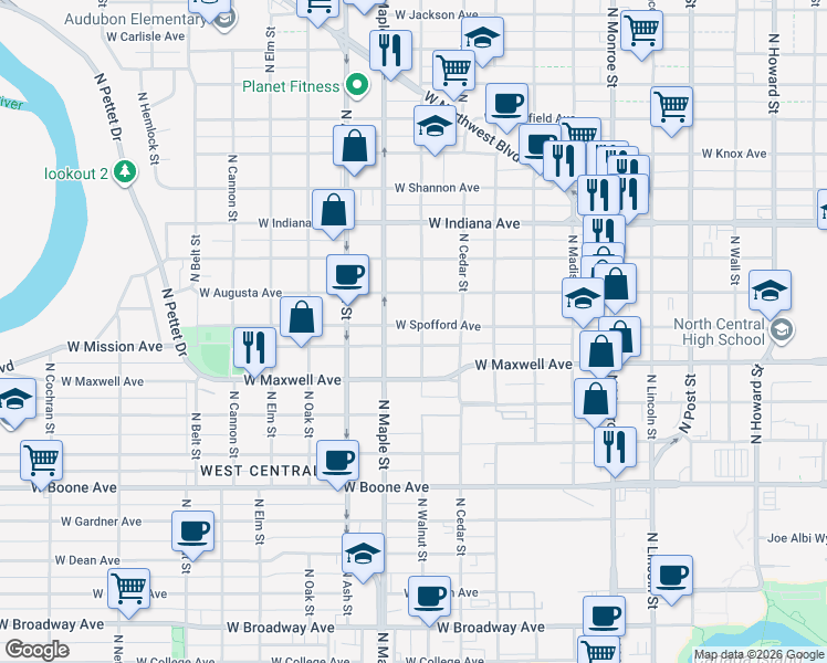 map of restaurants, bars, coffee shops, grocery stores, and more near 1517 West Mission Avenue in Spokane