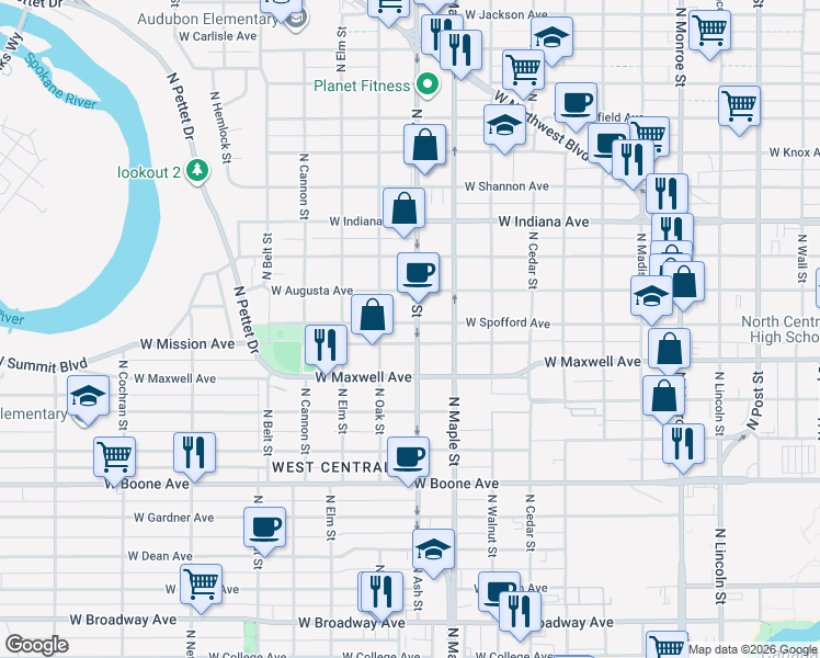 map of restaurants, bars, coffee shops, grocery stores, and more near 1723 West Mission Avenue in Spokane