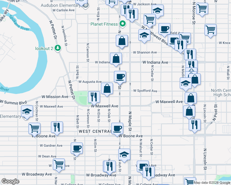 map of restaurants, bars, coffee shops, grocery stores, and more near 1723 West Mission Avenue in Spokane