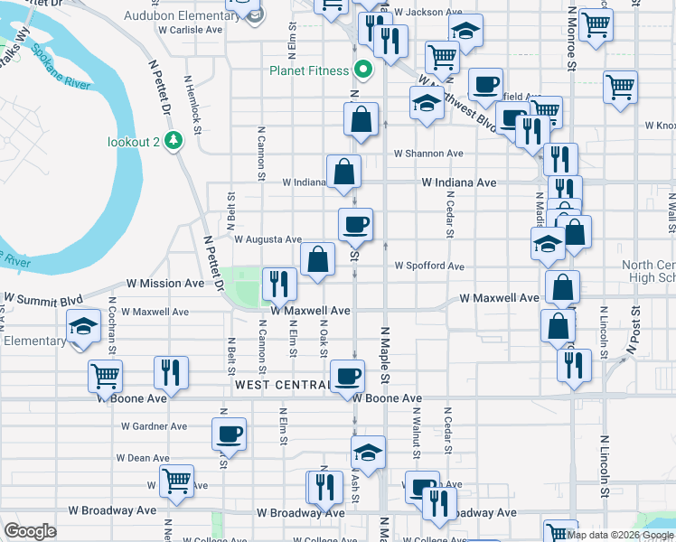 map of restaurants, bars, coffee shops, grocery stores, and more near 1723 West Mission Avenue in Spokane