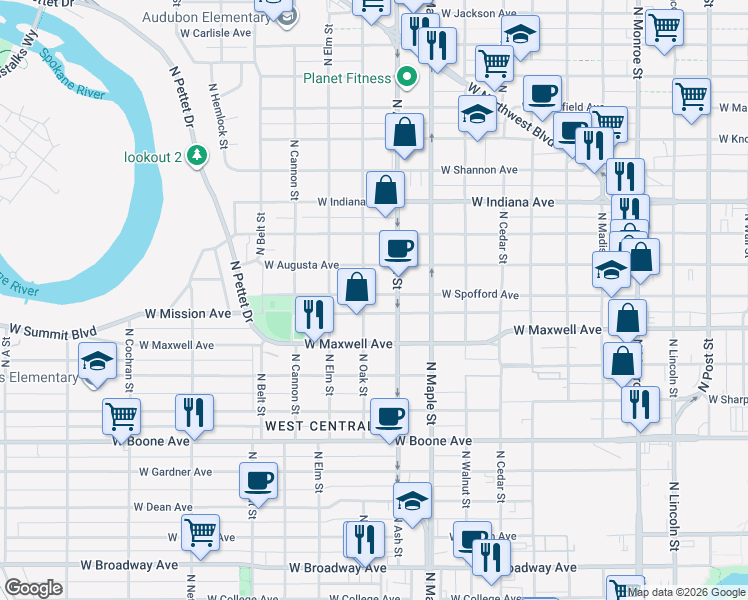 map of restaurants, bars, coffee shops, grocery stores, and more near 1723 West Mission Avenue in Spokane