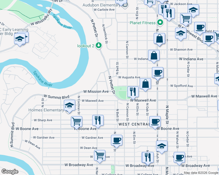 map of restaurants, bars, coffee shops, grocery stores, and more near 2117 West Mission Avenue in Spokane
