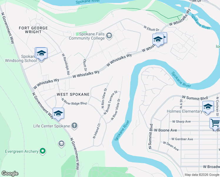 map of restaurants, bars, coffee shops, grocery stores, and more near 1516 North Brook Terrace Street in Spokane