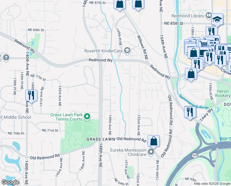map of restaurants, bars, coffee shops, grocery stores, and more near 14930 Northeast 74th Court in Redmond
