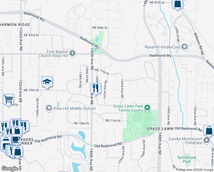 map of restaurants, bars, coffee shops, grocery stores, and more near 7430 141st Avenue Northeast in Redmond