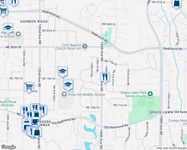 map of restaurants, bars, coffee shops, grocery stores, and more near 7418 139th Place Northeast in Redmond