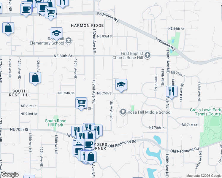 map of restaurants, bars, coffee shops, grocery stores, and more near 13327 Northeast 75th Street in Redmond