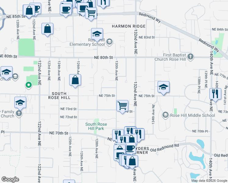 map of restaurants, bars, coffee shops, grocery stores, and more near 7336 129th Avenue Northeast in Kirkland