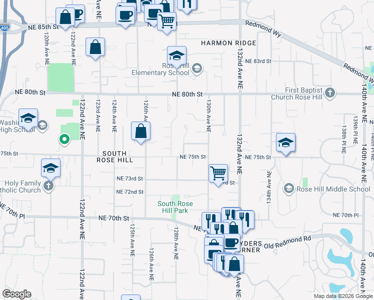 map of restaurants, bars, coffee shops, grocery stores, and more near 12811 Northeast 75th Street in Kirkland