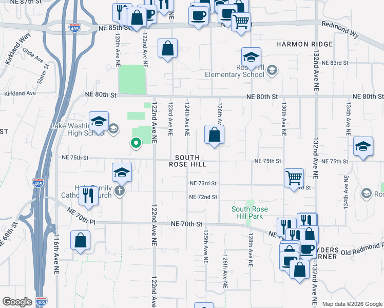 map of restaurants, bars, coffee shops, grocery stores, and more near in Kirkland