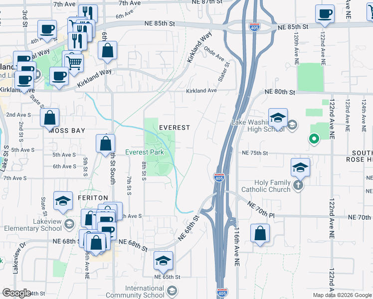 map of restaurants, bars, coffee shops, grocery stores, and more near in Kirkland