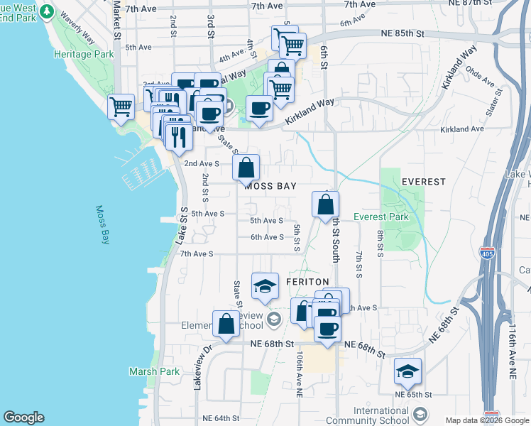 map of restaurants, bars, coffee shops, grocery stores, and more near 509 4th Street South in Kirkland