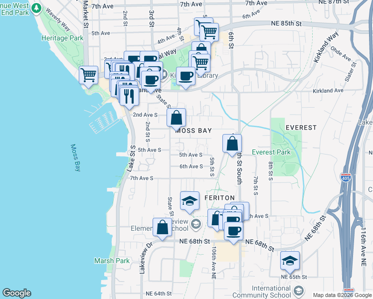 map of restaurants, bars, coffee shops, grocery stores, and more near 509 4th Street South in Kirkland