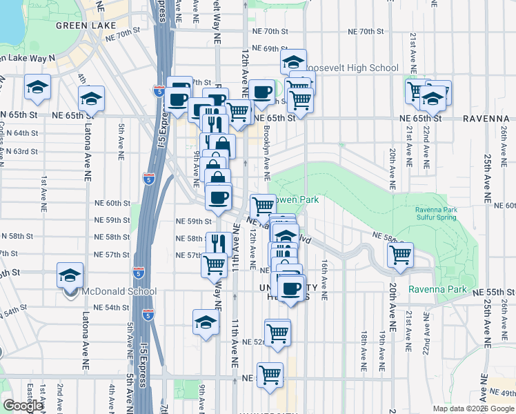 map of restaurants, bars, coffee shops, grocery stores, and more near 1228 Northeast Ravenna Boulevard in Seattle