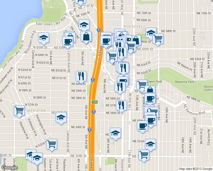 map of restaurants, bars, coffee shops, grocery stores, and more near 751 Northeast 59th Street in Seattle