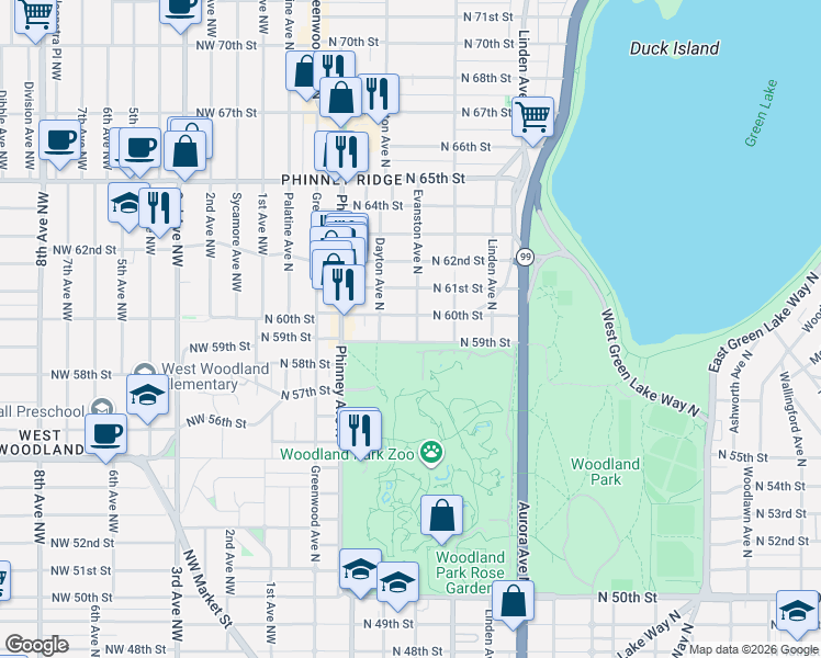 map of restaurants, bars, coffee shops, grocery stores, and more near 518 North 59th Street in Seattle