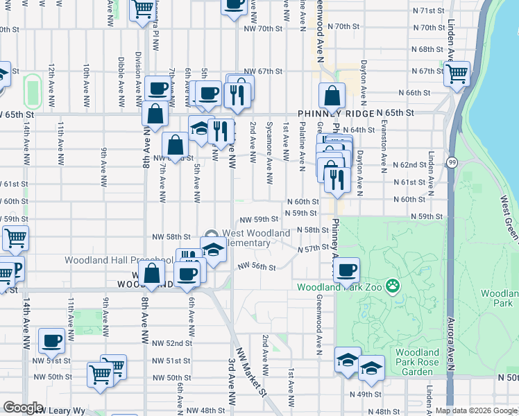 map of restaurants, bars, coffee shops, grocery stores, and more near 204 Northwest 58th Street in Seattle