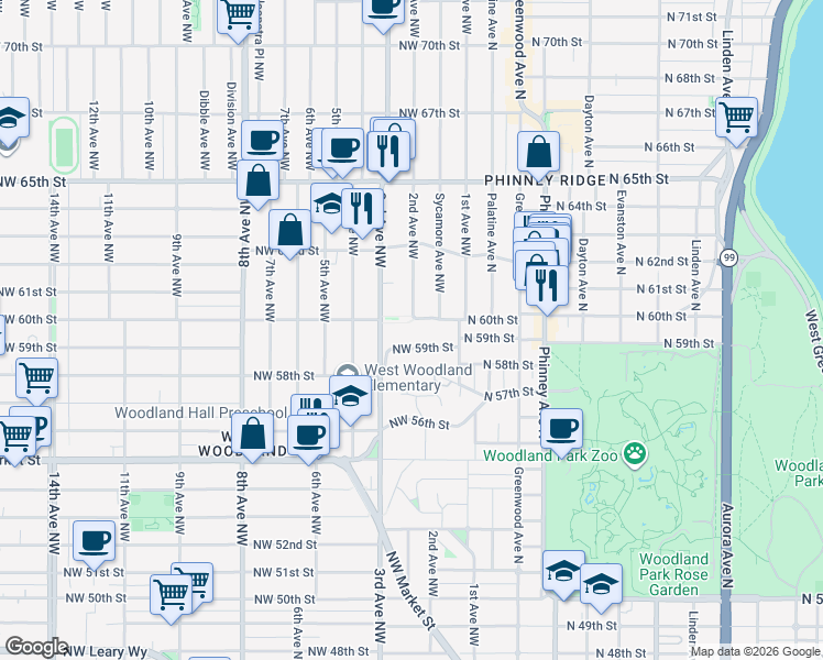 map of restaurants, bars, coffee shops, grocery stores, and more near 204 Northwest 58th Street in Seattle