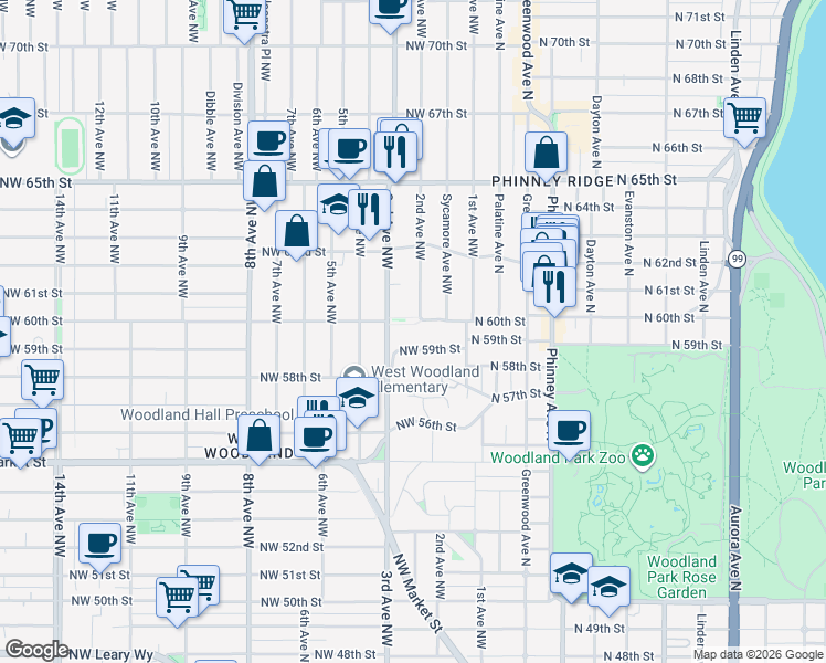 map of restaurants, bars, coffee shops, grocery stores, and more near 204 Northwest 58th Street in Seattle