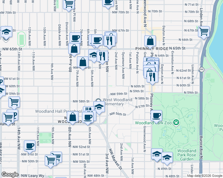 map of restaurants, bars, coffee shops, grocery stores, and more near 204 Northwest 58th Street in Seattle