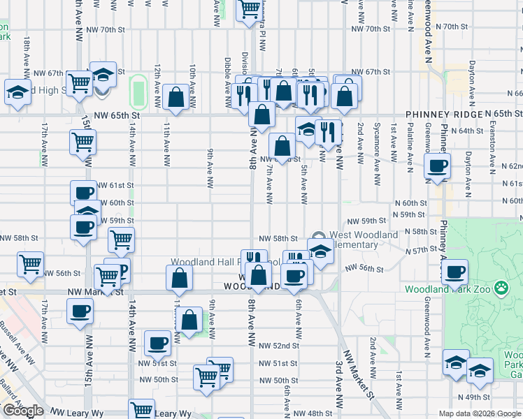 map of restaurants, bars, coffee shops, grocery stores, and more near 5819 7th Avenue Northwest in Seattle