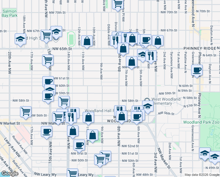 map of restaurants, bars, coffee shops, grocery stores, and more near 815 Northwest 59th Street in Seattle
