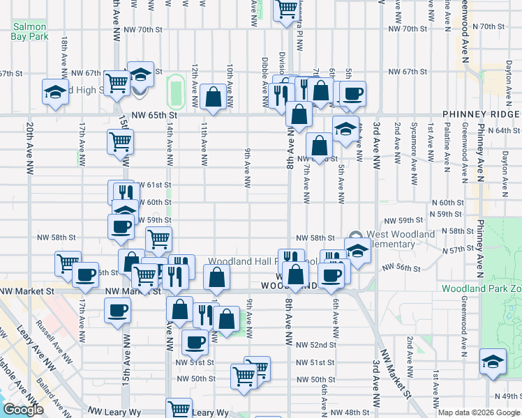 map of restaurants, bars, coffee shops, grocery stores, and more near 5816 9th Avenue Northwest in Seattle