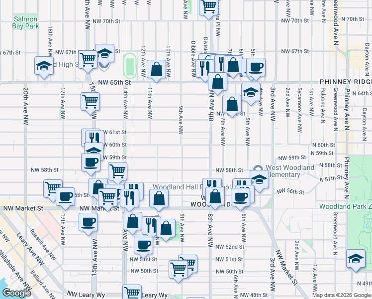 map of restaurants, bars, coffee shops, grocery stores, and more near 5816 9th Avenue Northwest in Seattle
