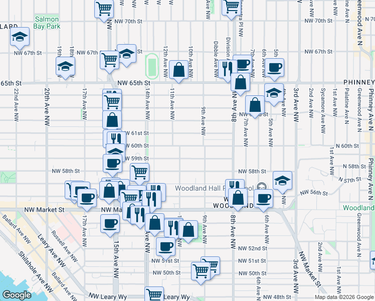 map of restaurants, bars, coffee shops, grocery stores, and more near 933 Northwest 59th Street in Seattle
