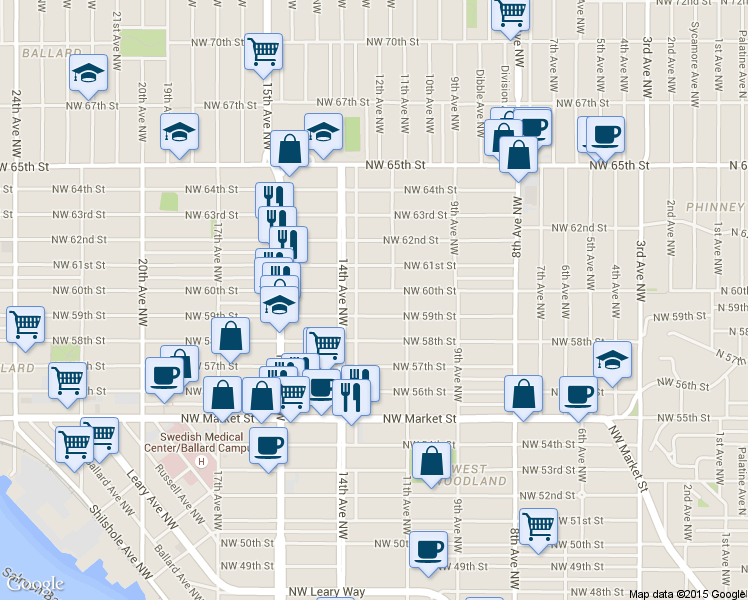 map of restaurants, bars, coffee shops, grocery stores, and more near 1119A Northwest 59th Street in Seattle