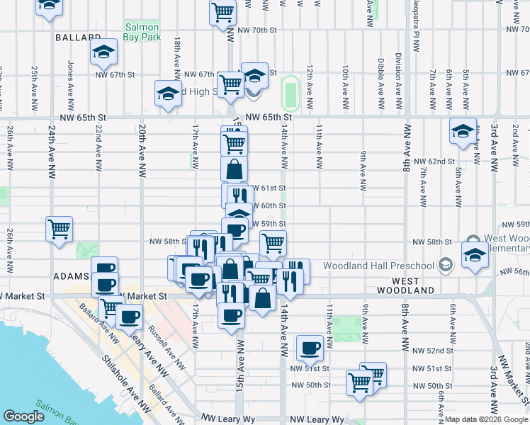 map of restaurants, bars, coffee shops, grocery stores, and more near 1415 Northwest 59th Street in Seattle