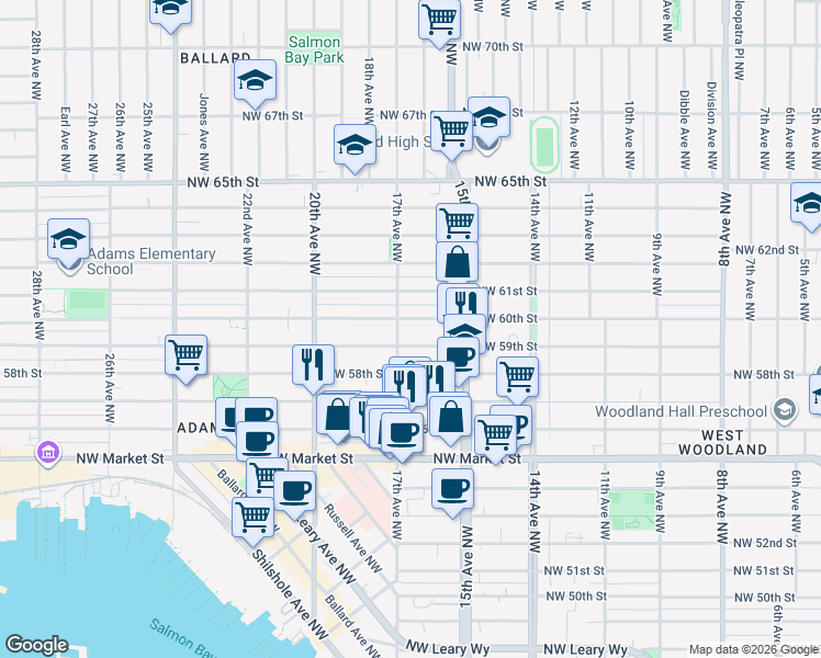 map of restaurants, bars, coffee shops, grocery stores, and more near 1705 Northwest 59th Street in Seattle